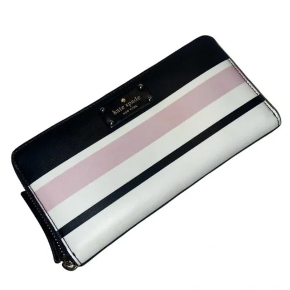 Kate Spade Black, Pink, and White Striped Grove Street Neda Wallet